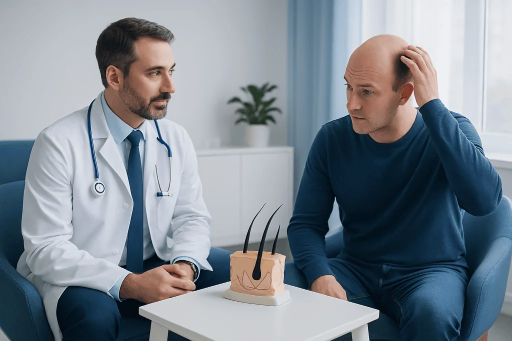 Doctor explaining hair transplant options to a patient in a clinic.