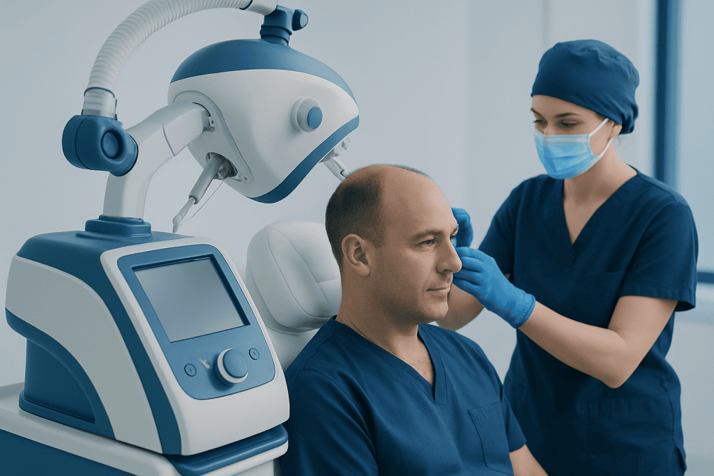 Medical professional preparing patient for hair transplant procedure at Acibadem Hospital.