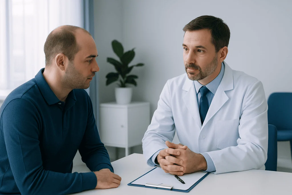 Doctor consulting with patient about hair transplant options at Acibadem Hospitals.