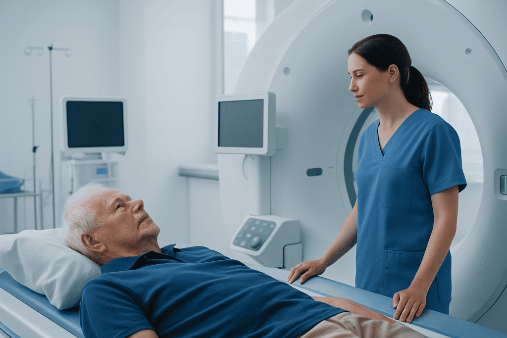 Medical professional preparing elderly patient for MRI scan at hospital.