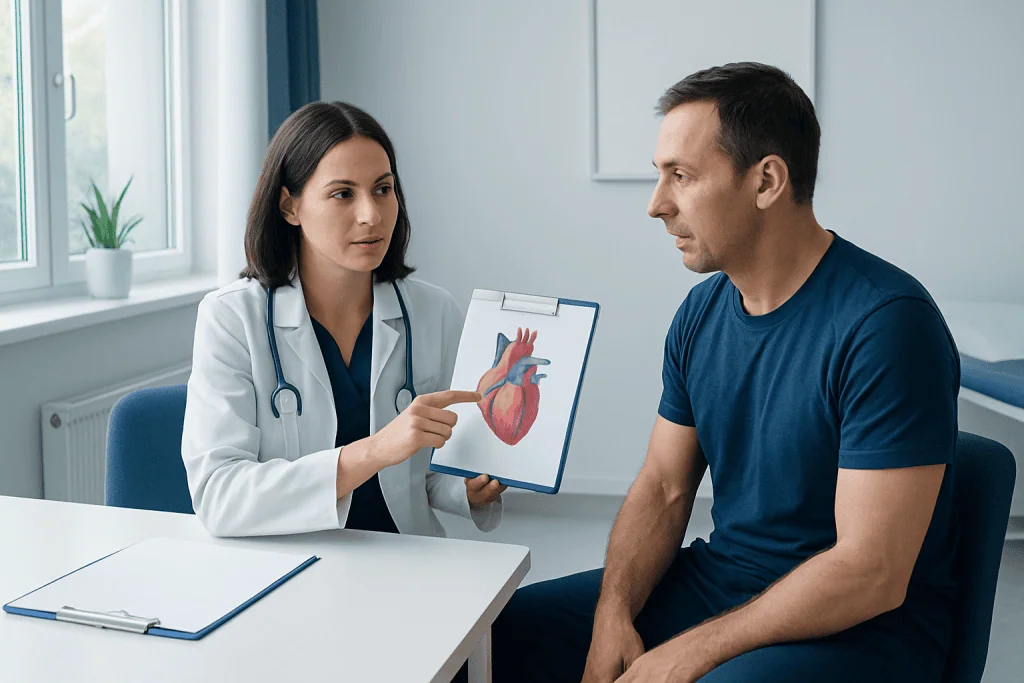 Doctor explaining heart health to patient during consultation.