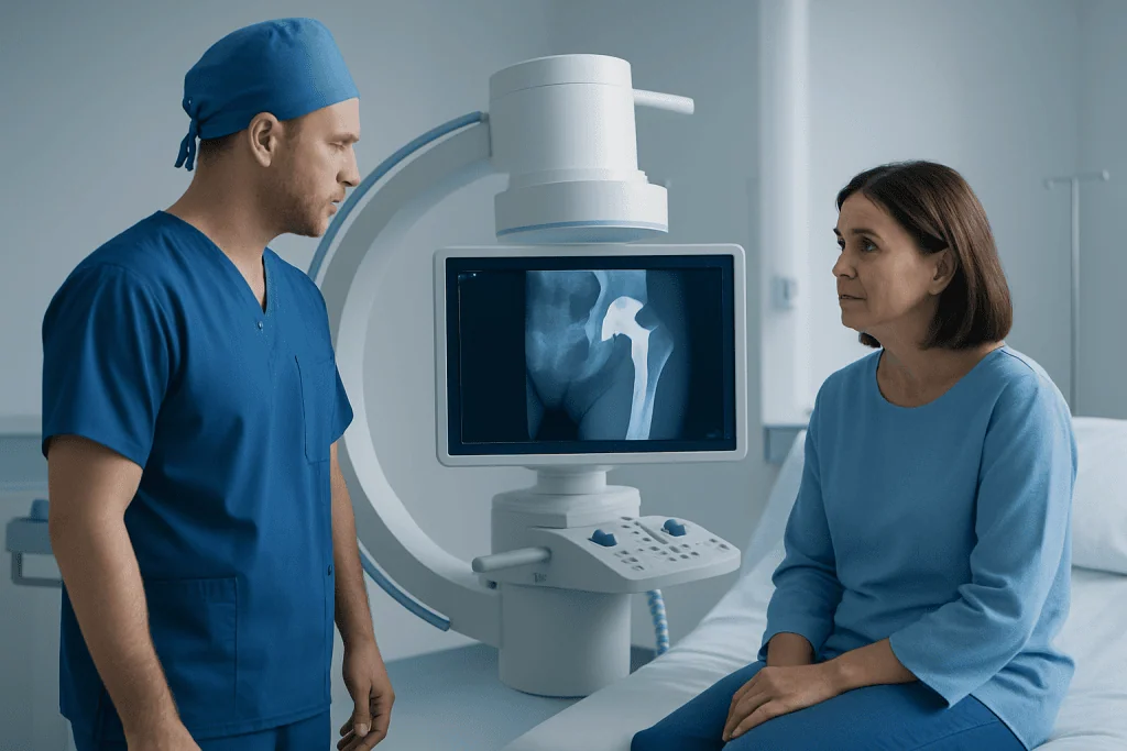 Orthopedic surgeon explains hip X-ray to patient in hospital room.