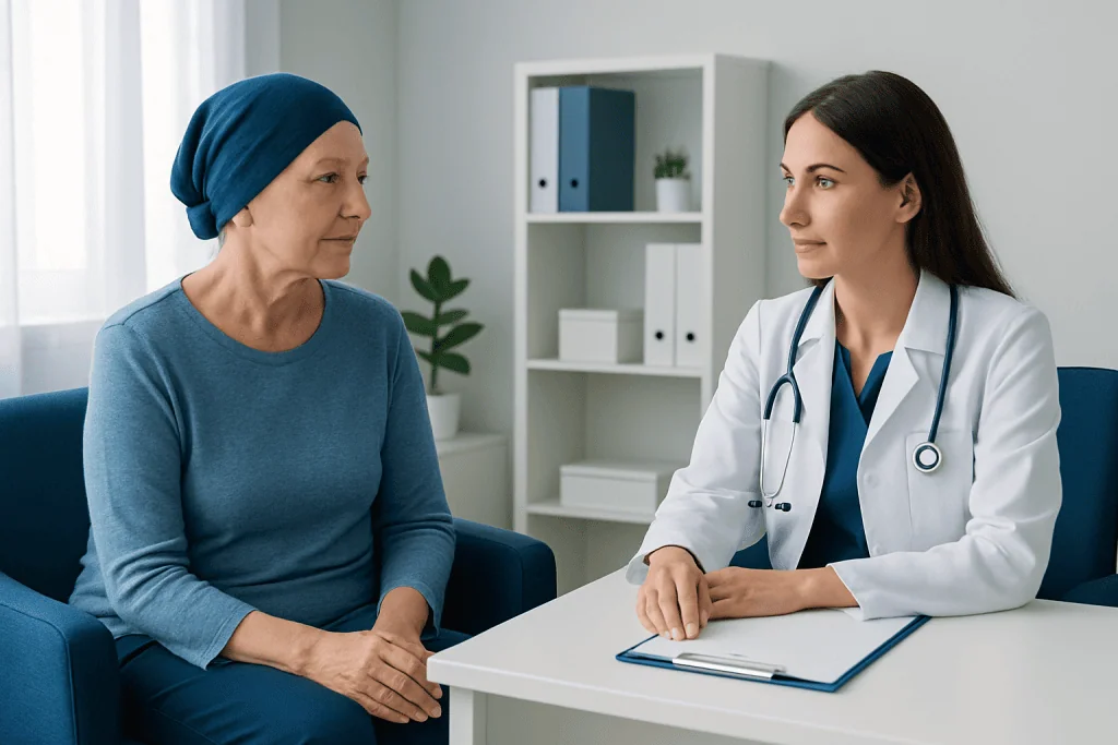 Oncologist consulting with a female patient in a medical office.