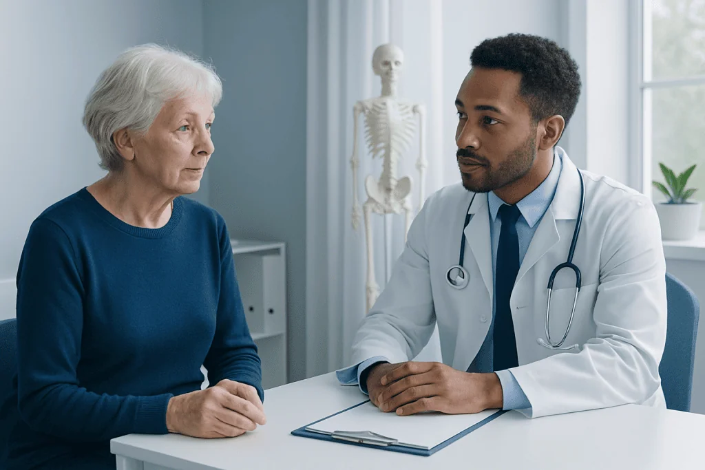 Doctor consulting with elderly woman in a medical office setting.