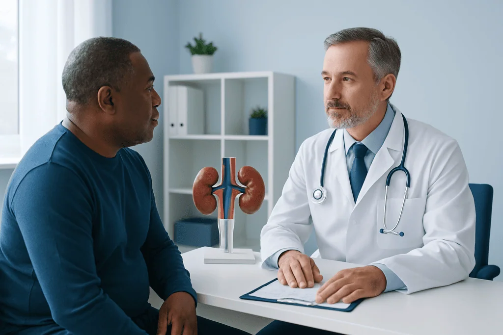 Doctor discussing kidney transplant with patient in clinic.