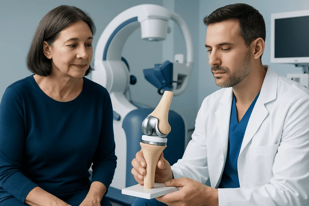 Orthopedic surgeon explains knee replacement model to patient in hospital.