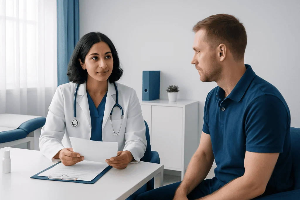 Doctor consulting with a patient in a medical office setting.