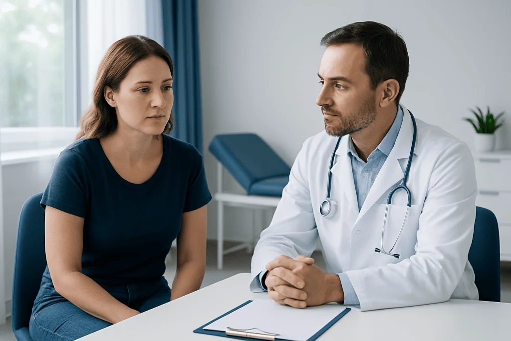 Doctor consulting with a patient about liposuction and pain management.