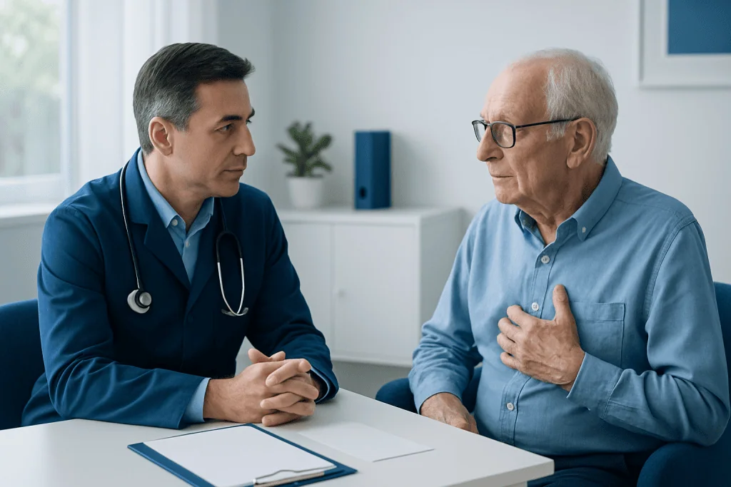 Doctor consulting with an elderly patient in a medical office.