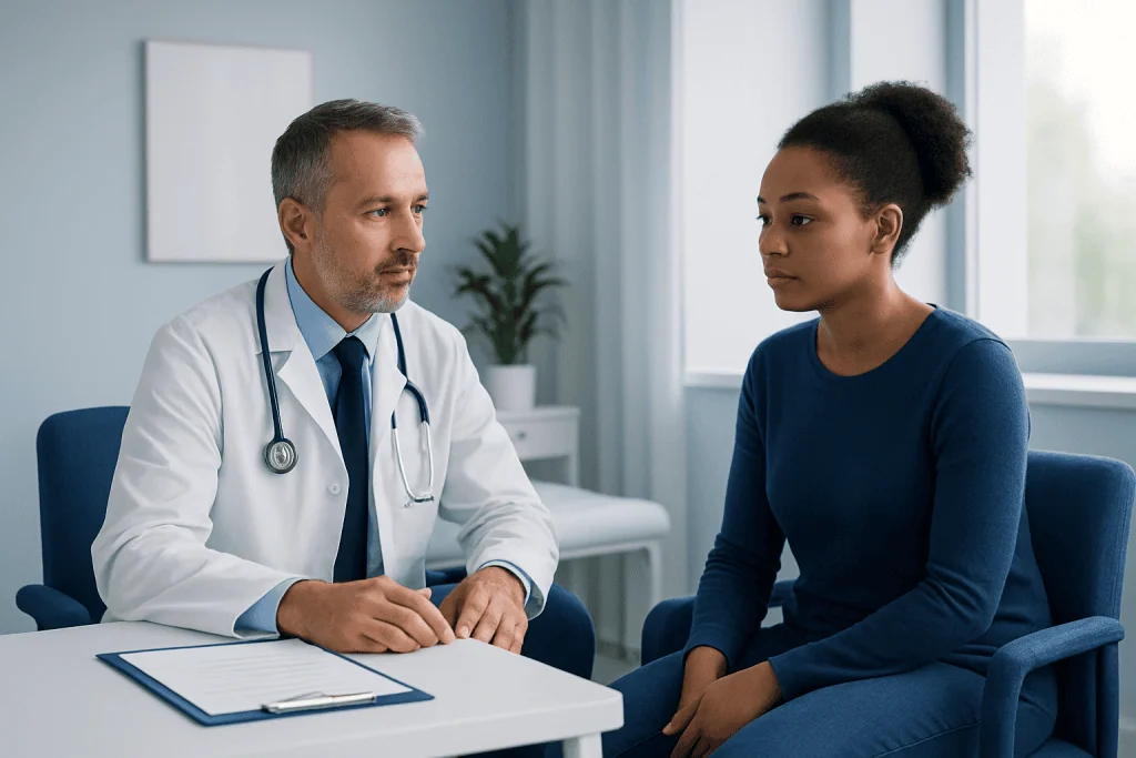 Doctor consulting with a patient in a medical office setting.