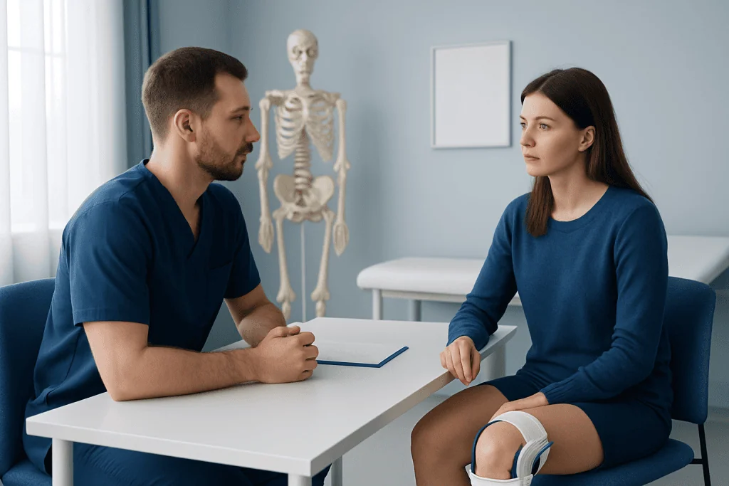 Doctor consulting with a patient with knee injury in a medical office.