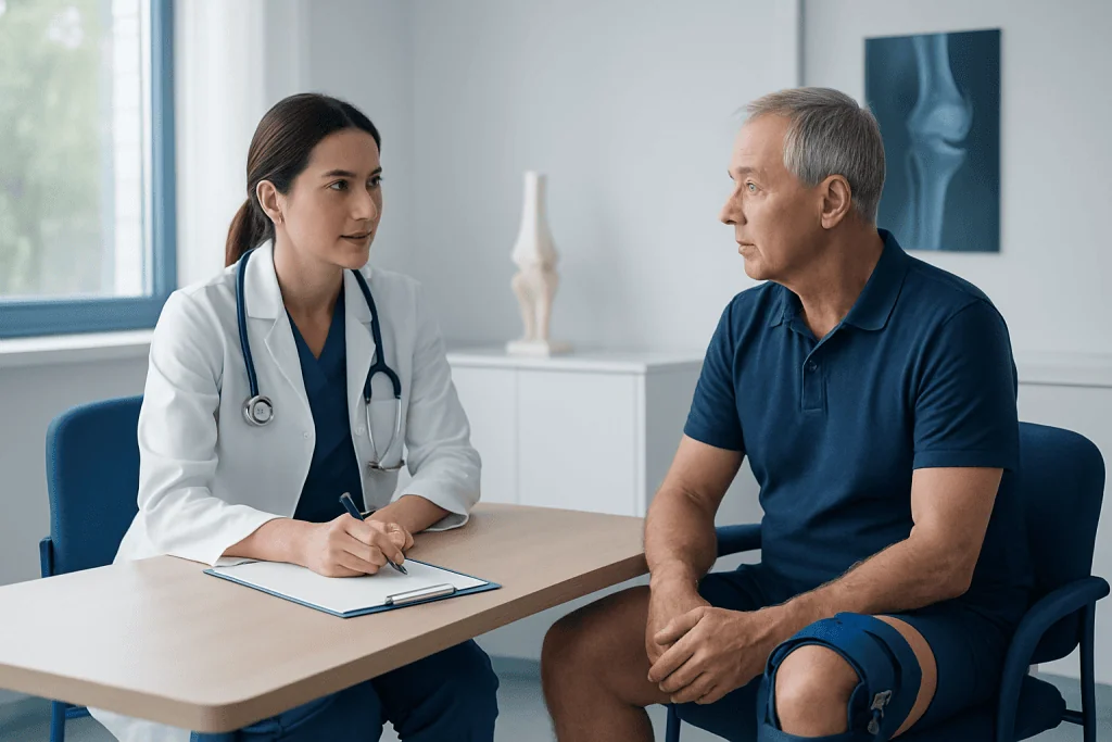 Doctor consulting with an elderly male patient in a medical office.