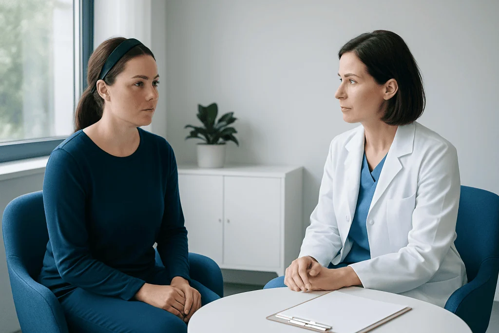Doctor consulting with patient in a clinical setting.
