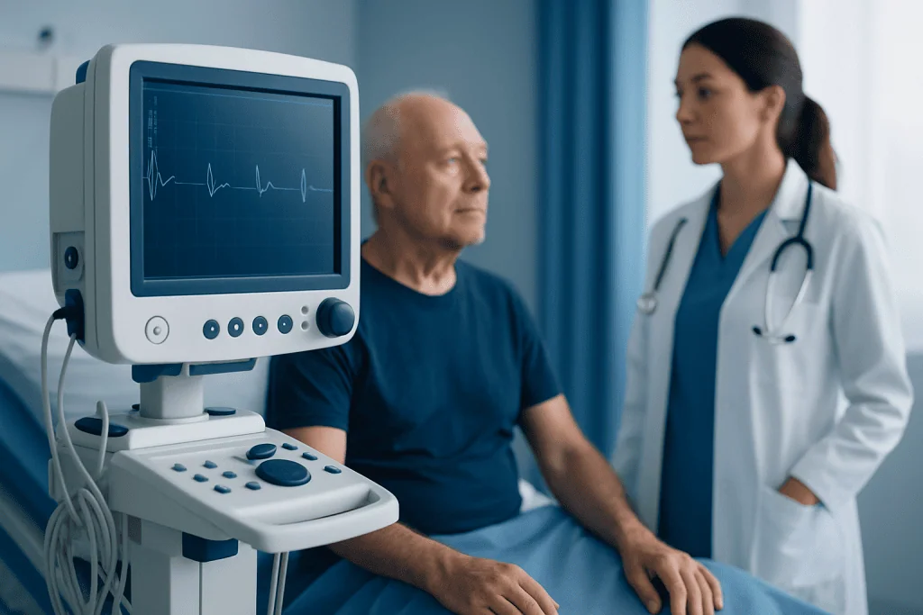 Doctor monitoring elderly patient's heart rate with medical equipment in hospital.