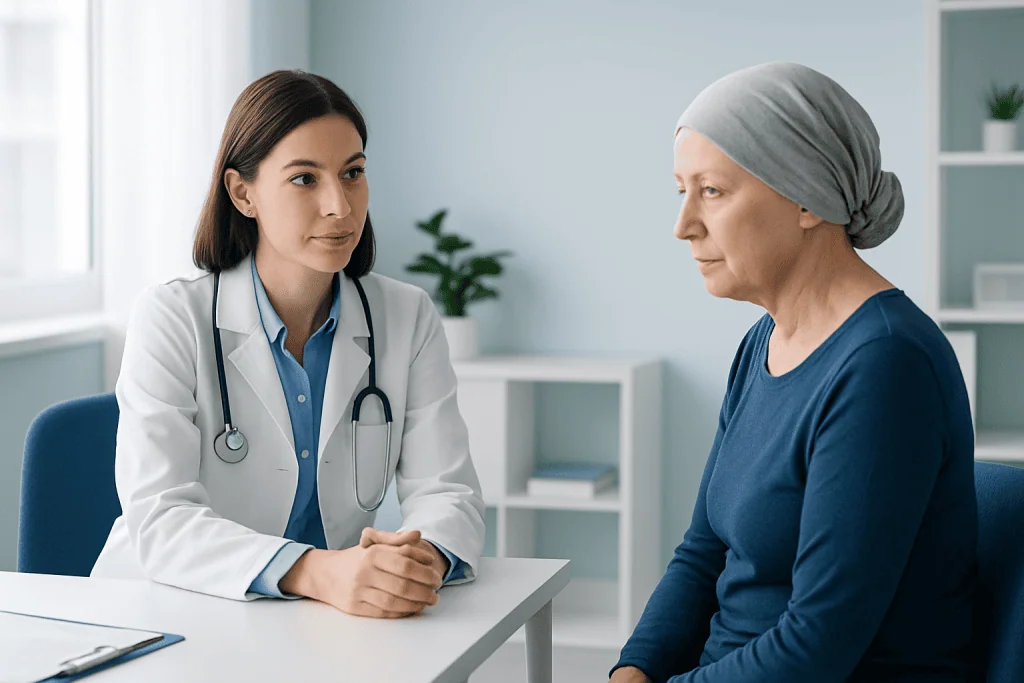 Doctor consulting with a female patient in a modern hospital room.