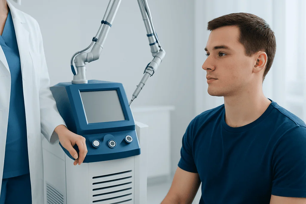 Medical professional preparing for acne scar treatment consultation in Turkey.