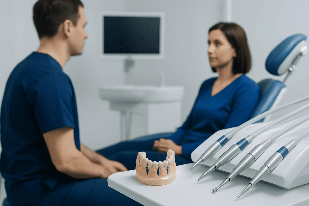Dentist consulting with patient about All-on-4 dental implants.