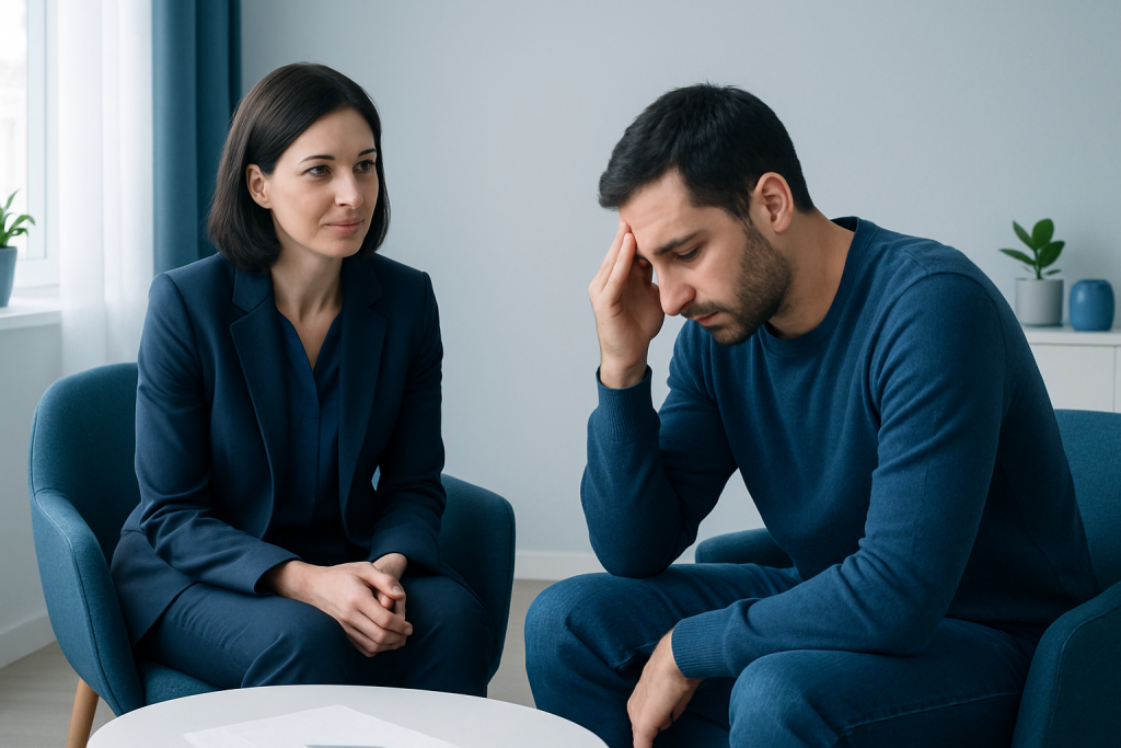 Therapist and patient during a mental health counseling session.