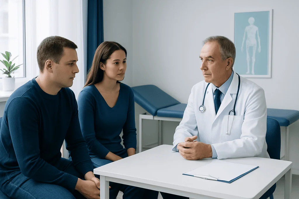 Doctor consulting with young patients in a medical office.