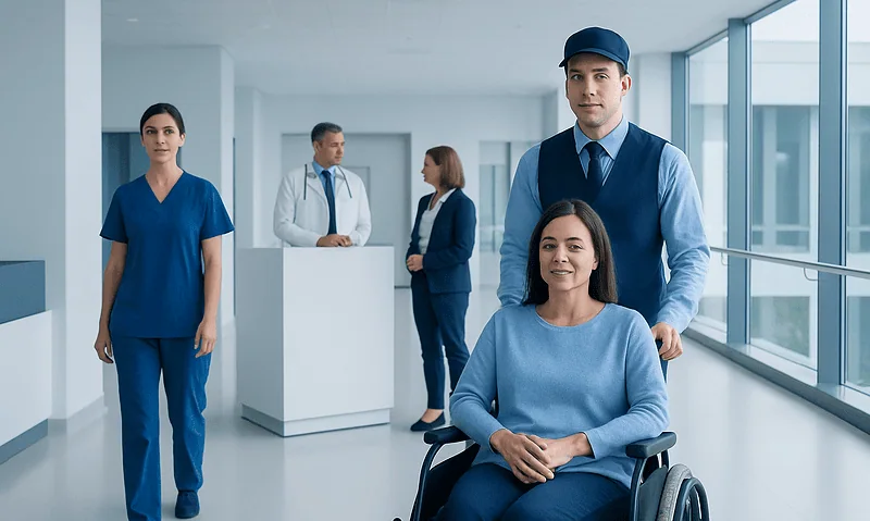 Hospital staff assisting a patient in a wheelchair at the airport.