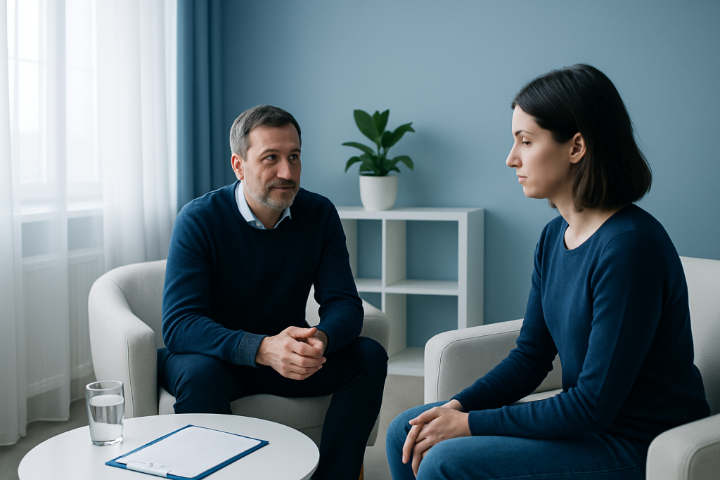 Therapist and patient in a counseling session at Acibadem Hospital.