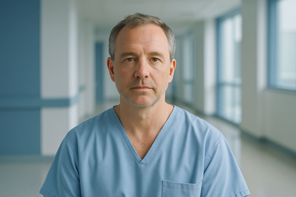 What Americans Should Know Before Choosing Robotic Gait Therapy Overseas with Personalized Care 1 Medical professional in blue scrubs in hospital corridor.