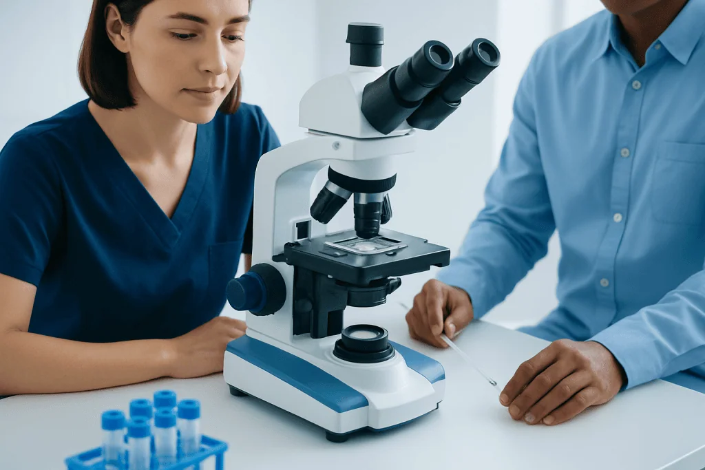 Medical professionals examining samples with a microscope at a laboratory.