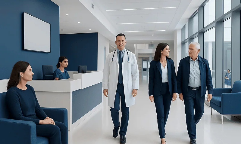 Medical professionals and patients in a modern hospital lobby.