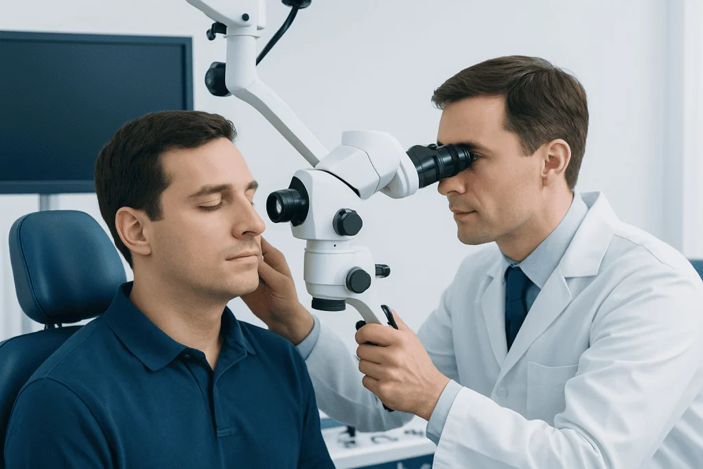 ENT specialist examining patient's ear with a microscope in a clinic.