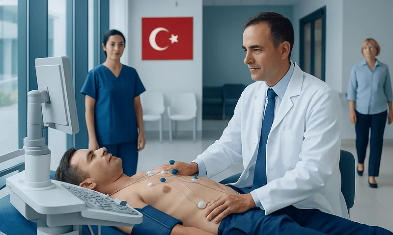 Doctor performs an ECG test on a patient in a hospital setting in Turkey.