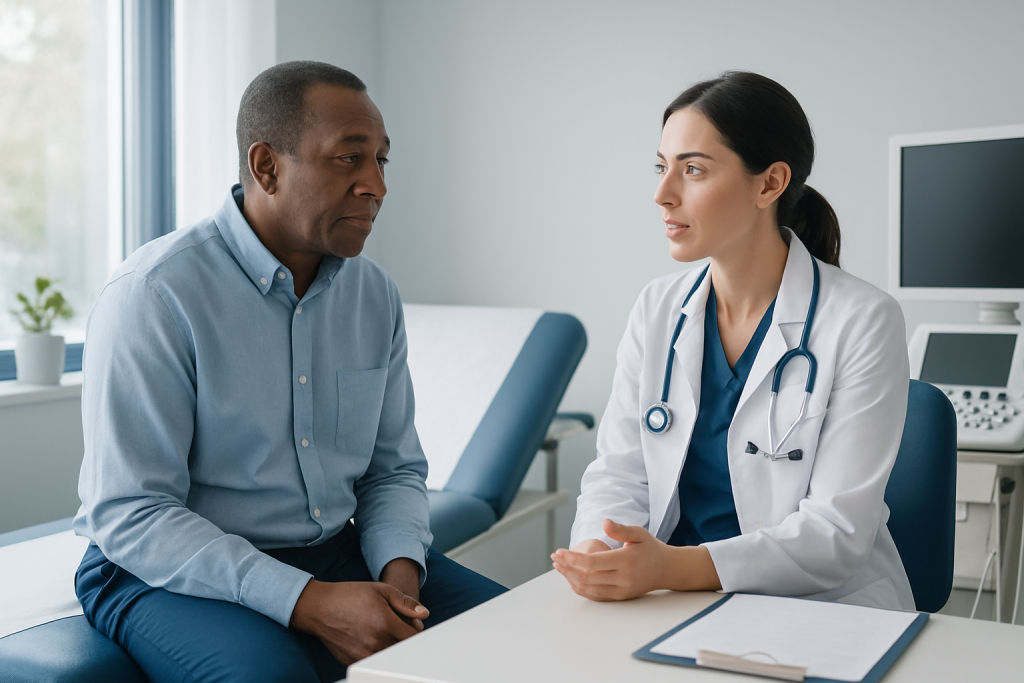 Doctor consulting with a patient in a medical office setting.