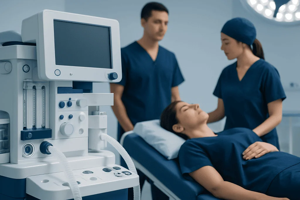 Medical team monitoring patient in hospital room with advanced equipment.