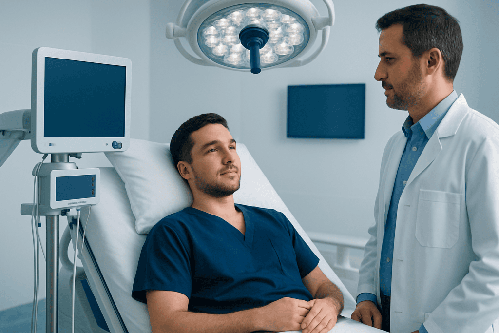 Doctor consulting with patient in hospital room with medical equipment.