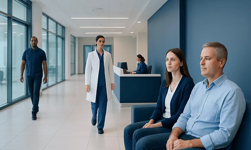 Patients and medical staff in a modern hospital waiting area.