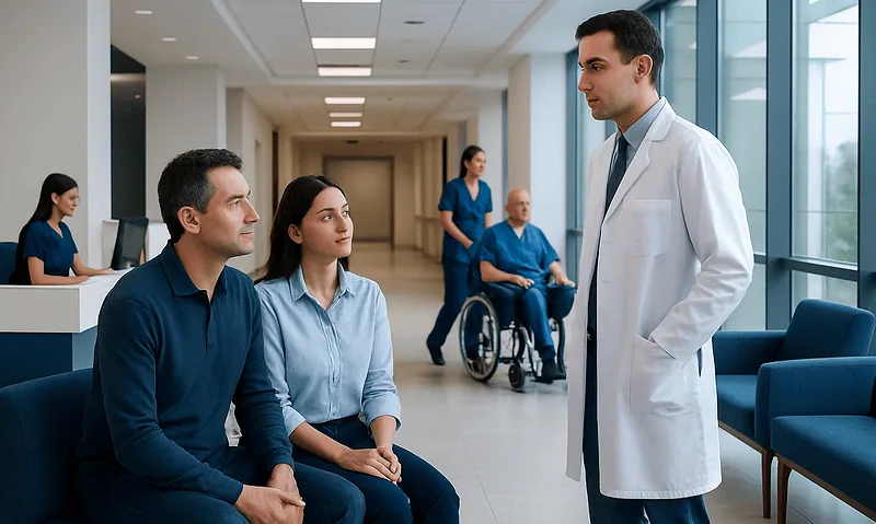 Doctor consulting with patients in hospital corridor.