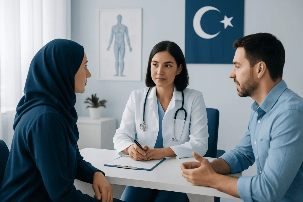 Doctor consulting with a Turkish patient in a hospital setting.