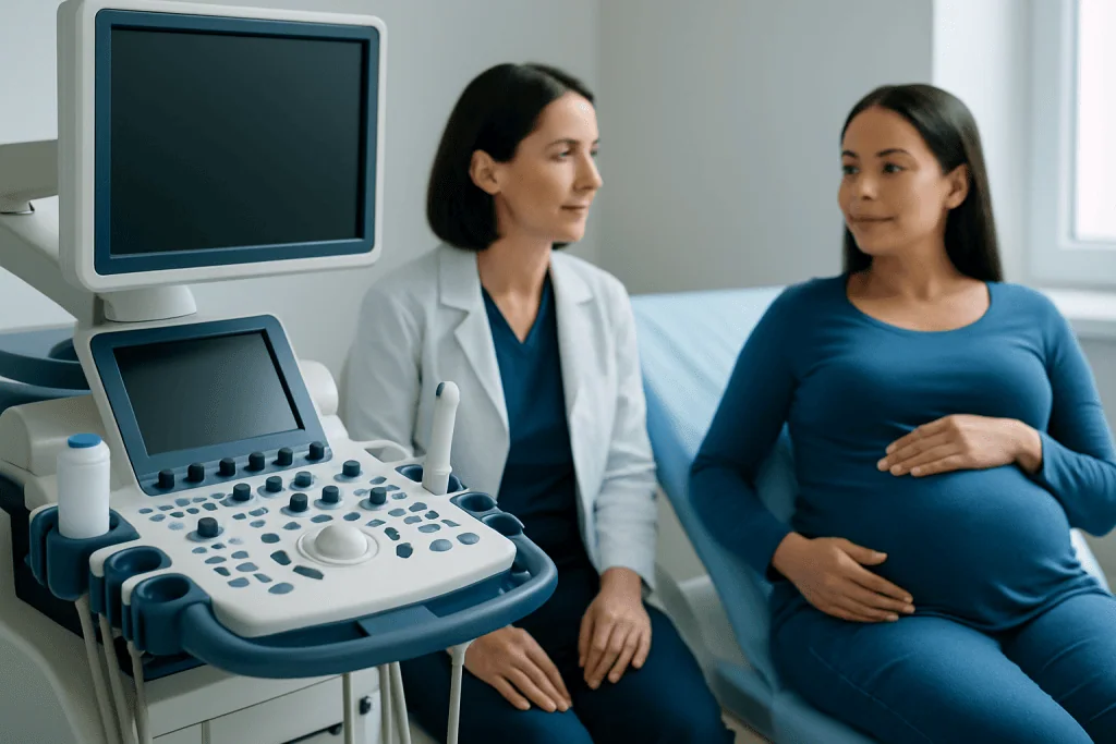 Obstetrician consulting pregnant woman in a medical examination room.