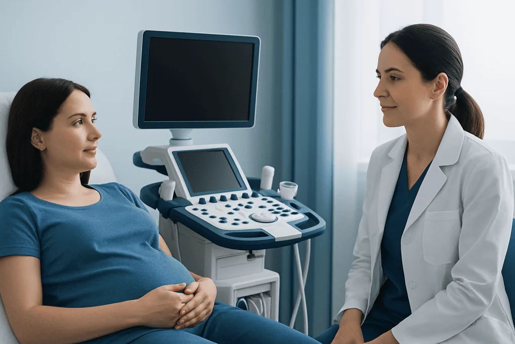 Pregnant woman consulting with a doctor in a hospital room.