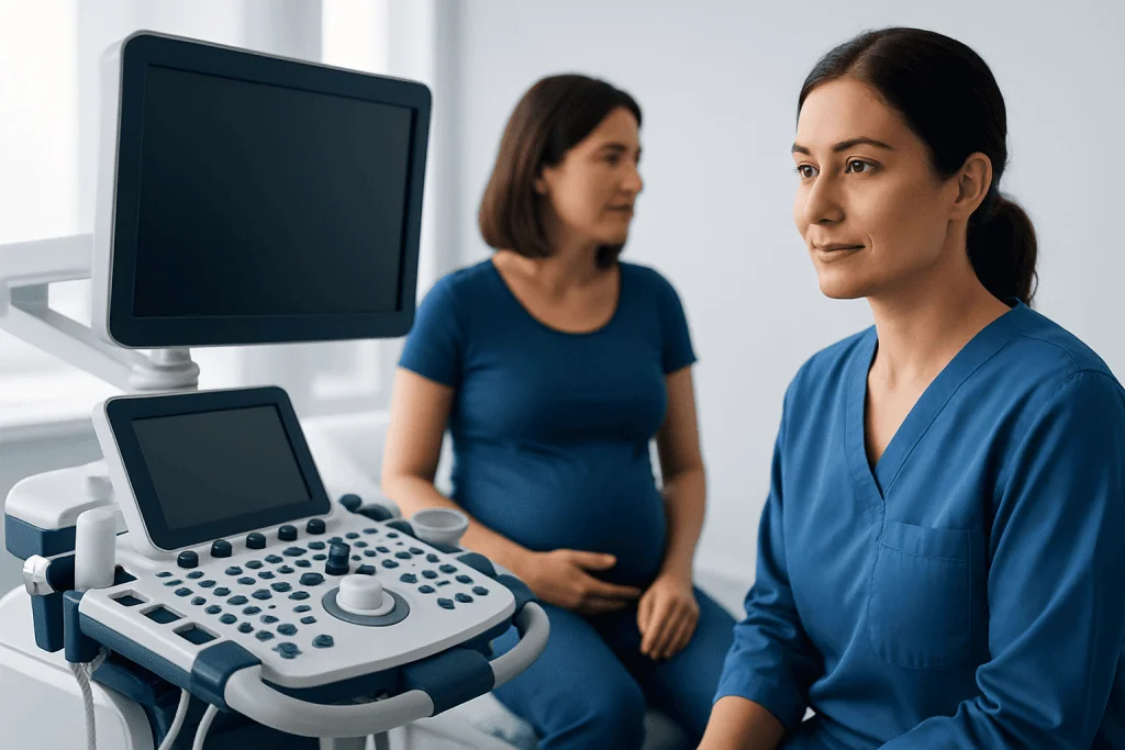 Medical professionals in a hospital room with ultrasound equipment.