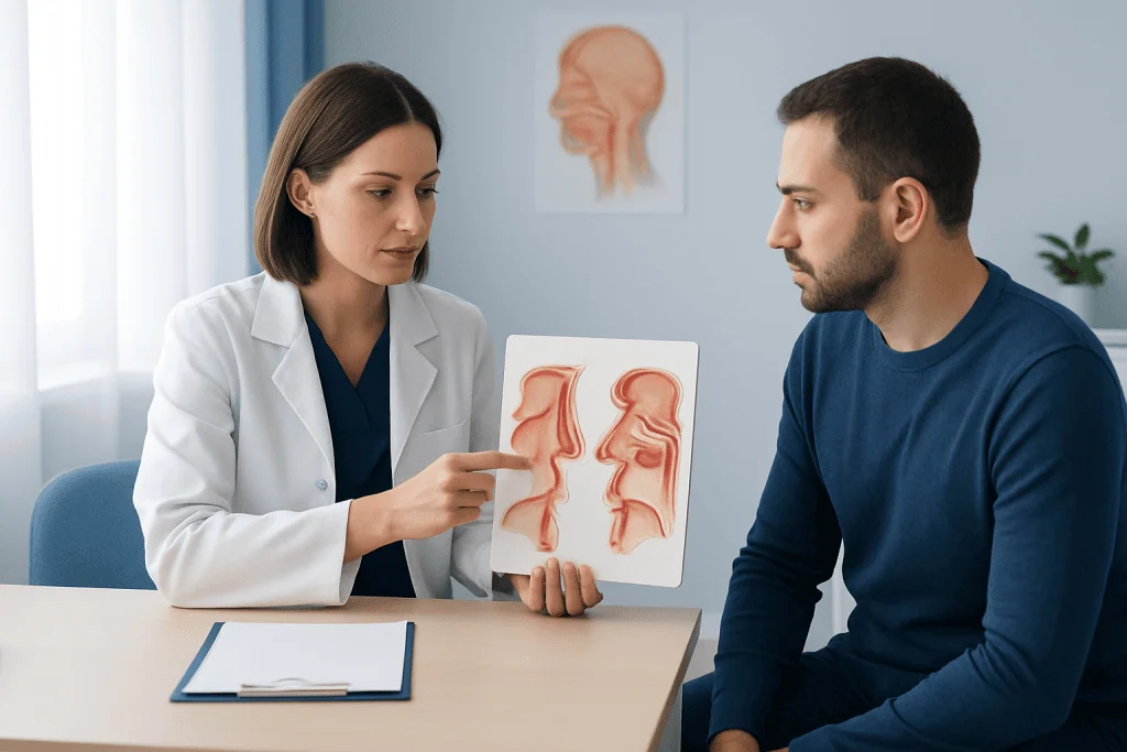 Doctor explaining nasal differences to patient with nasal diagram.