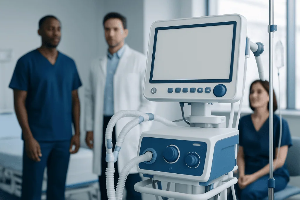 Medical ventilator machine in a hospital setting with healthcare professionals in the background.
