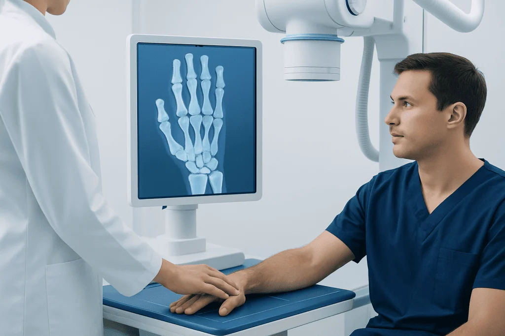 Doctor examining wrist X-ray on digital monitor at hospital.