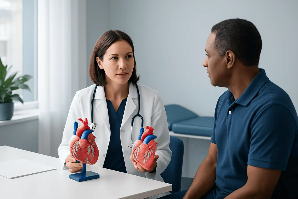 Cardiologist explaining heart models to patient in clinic setting.