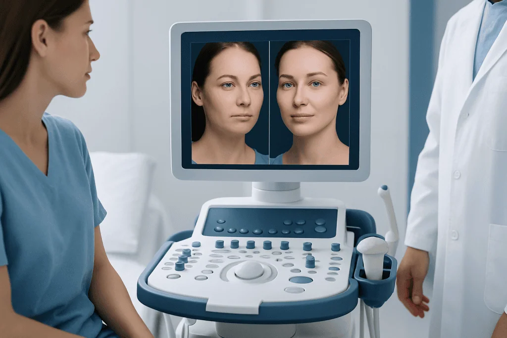 Medical consultation with ultrasound imaging for facial analysis at Acibadem Hospital.