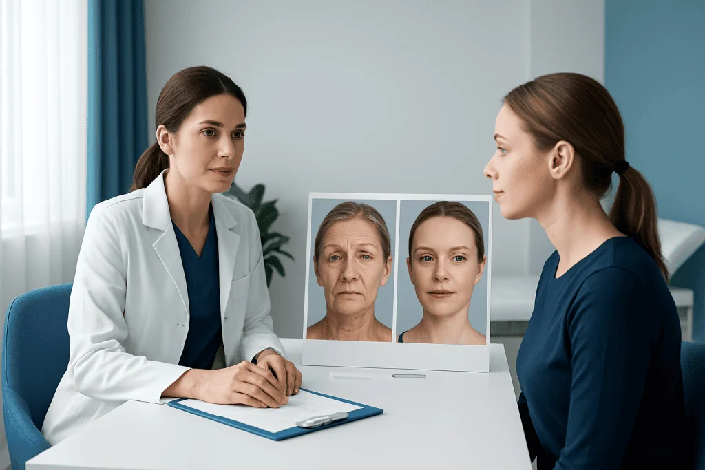 Consultation on facial treatments with before and after photos at Acibadem Hospital.