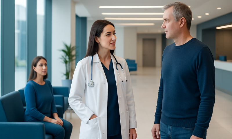 Doctor consulting with a patient in a hospital lobby with a waiting area.