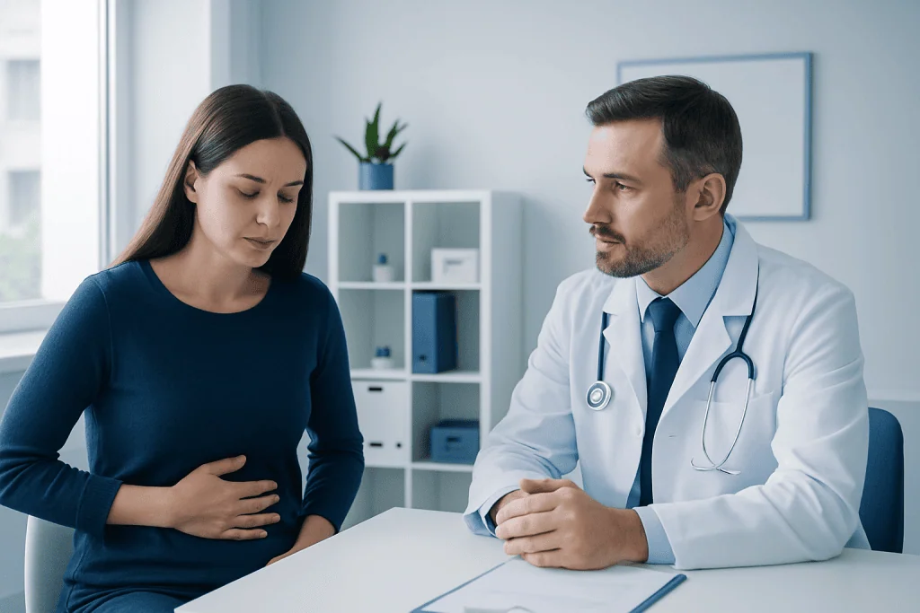 Doctor consulting with a woman patient about gastrointestinal symptoms.