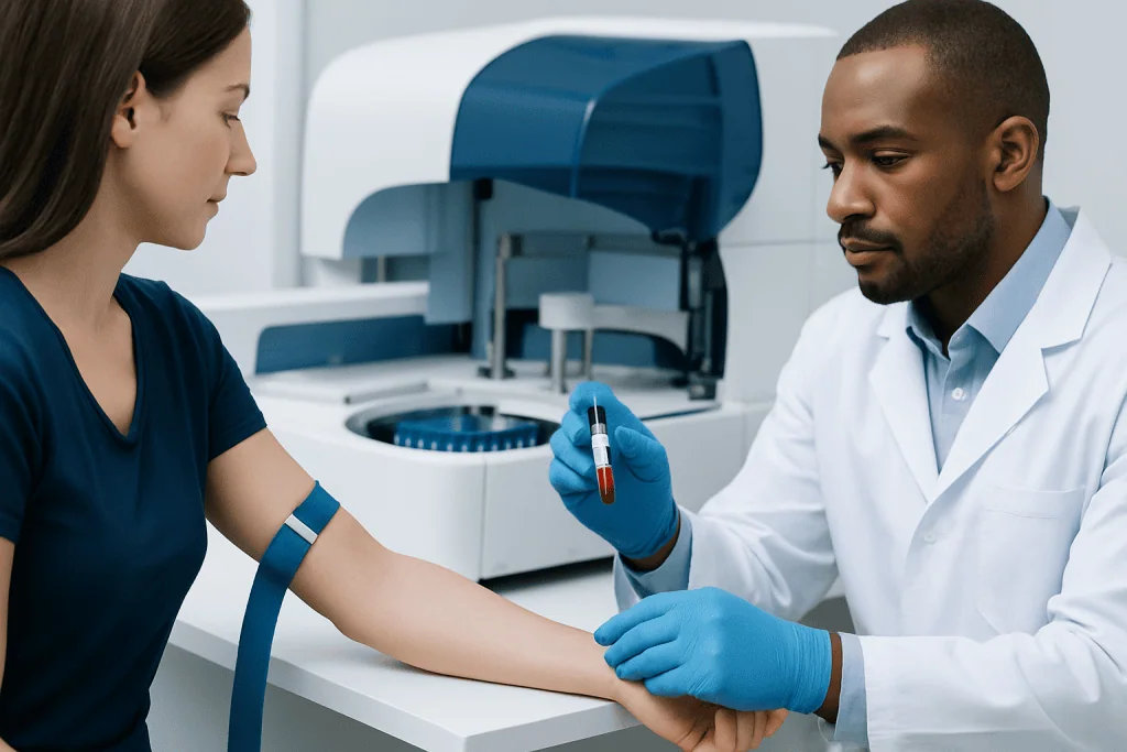 Doctor drawing blood from a patient's arm in a medical laboratory setting.