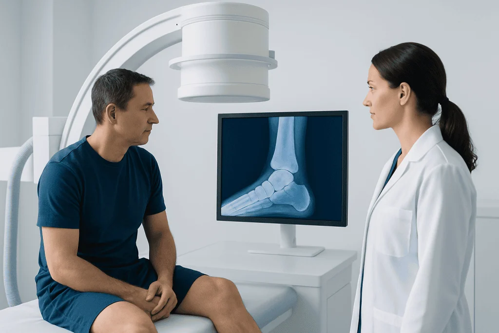 Doctor explains ankle X-ray to patient in a medical clinic setting.