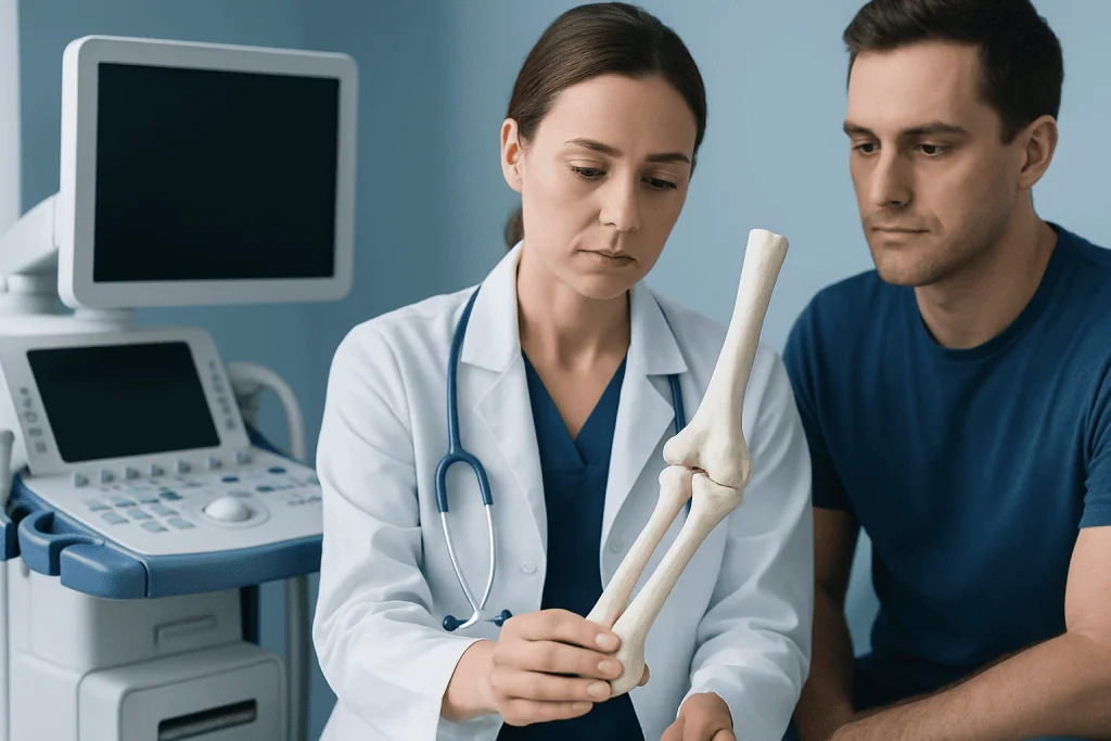 Doctor explaining elbow bones to patient with model skeleton.